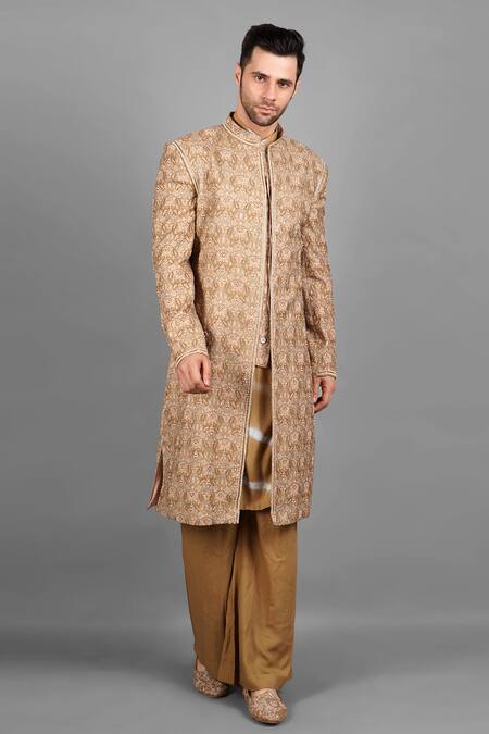 Buy_Soniya G_Brown Handloom Cotton, Silk Embroidery Band Collar Sherwani Set_Online_at_Aza_Fashions