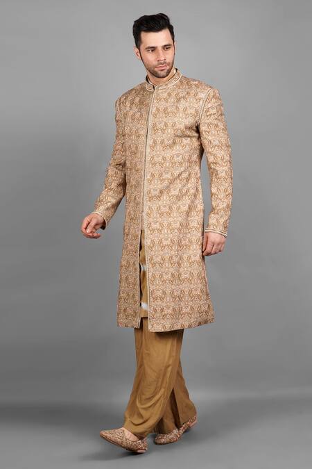 Shop_Soniya G_Brown Handloom Cotton, Silk Embroidery Band Collar Sherwani Set_Online_at_Aza_Fashions