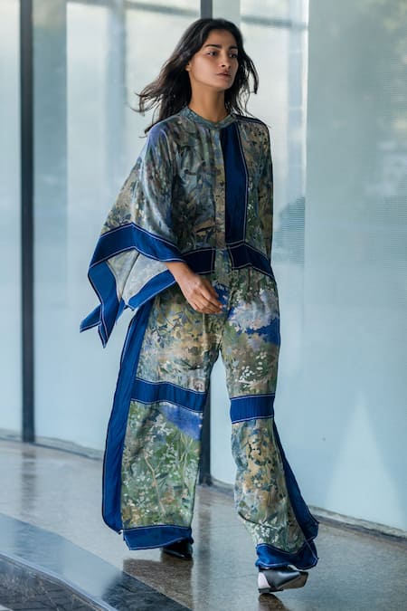 Leh Studios_Blue Viscose Printed Kite Flared Pant _Online_at_Aza_Fashions