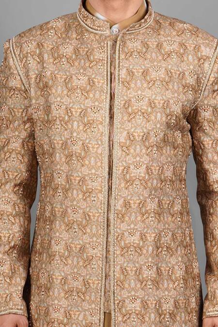 Soniya G_Brown Handloom Cotton, Silk Embroidery Band Collar Sherwani Set_at_Aza_Fashions