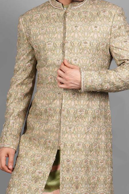 Shop_Soniya G_Green Handloom Cotton, Silk Embroidery Full Sleeve Sherwani Set_Online_at_Aza_Fashions