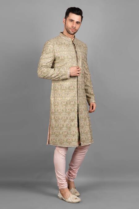 Soniya G_Green Handloom Cotton, Silk Embroidery Full Sleeve Sherwani Set_at_Aza_Fashions