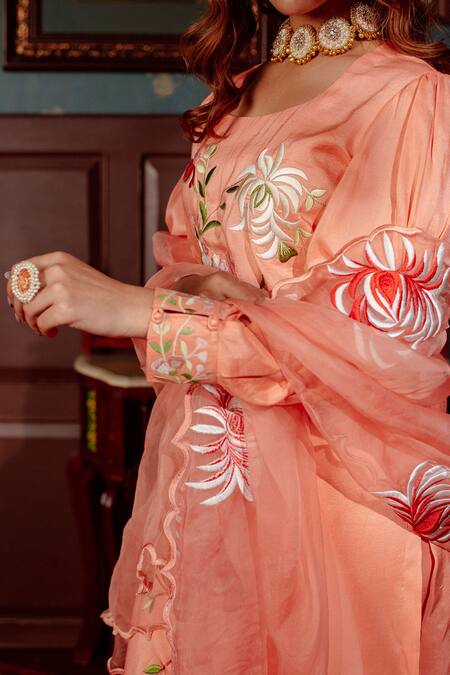 Buy_LAHARIO_Peach , Organza, Denim Embroidery Round Chrysanthemum Kurta Pant Set _Online_at_Aza_Fashions