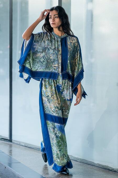 Shop Leh Studios Blue Viscose, Crepe Bandeau Neck Printed Kite Kimono Top Online at Aza Fashions Shop_Leh Studios_Blue Viscose, Crepe Bandeau Neck Printed Kite Kimono Top_Online_at_Aza_Fashions