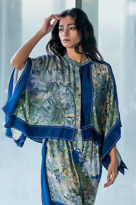 Leh Studios Blue Viscose, Crepe Bandeau Neck Printed Kite Kimono Top at Aza Fashions Leh Studios_Blue Viscose, Crepe Bandeau Neck Printed Kite Kimono Top_at_Aza_Fashions