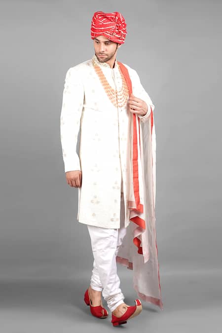 Soniya G_Ivory Georgette Embroidery Zari Sherwani Set _Online_at_Aza_Fashions