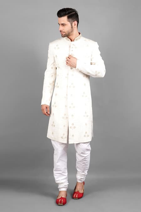 Shop_Soniya G_Ivory Georgette Embroidery Zari Sherwani Set _Online_at_Aza_Fashions
