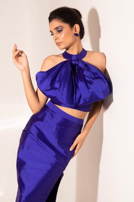 Sonam Parmar Jhawar_Purple Taffeta Silk Halter Blair Top And Skirt Set _at_Aza_Fashions