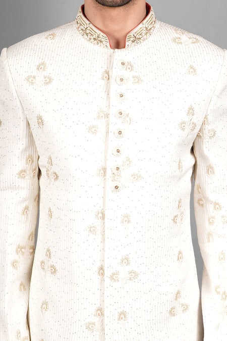 Soniya G_Ivory Georgette Embroidery Zari Sherwani Set _at_Aza_Fashions