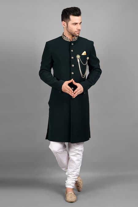 Soniya G_Green Crepe Brooches, Chains Sherwani Set With Embroidered Stole _Online_at_Aza_Fashions