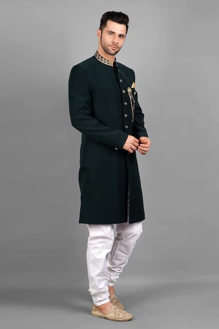 Shop_Soniya G_Green Crepe Brooches, Chains Sherwani Set With Embroidered Stole _Online_at_Aza_Fashions