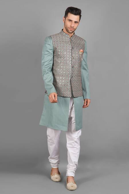 Soniya G_Green Silk Embroidery Floral Bundi And Kurta Set_Online_at_Aza_Fashions