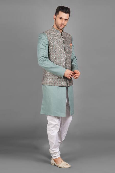 Buy_Soniya G_Green Silk Embroidery Floral Bundi And Kurta Set_Online_at_Aza_Fashions