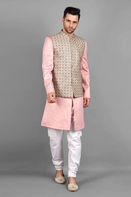 Soniya G_Pink Silk Embroidery Bundi And Kurta Set_Online_at_Aza_Fashions