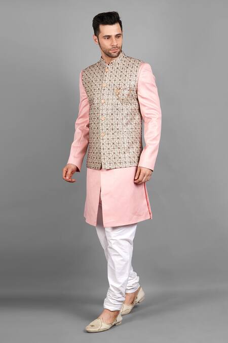 Buy_Soniya G_Pink Silk Embroidery Bundi And Kurta Set_Online_at_Aza_Fashions