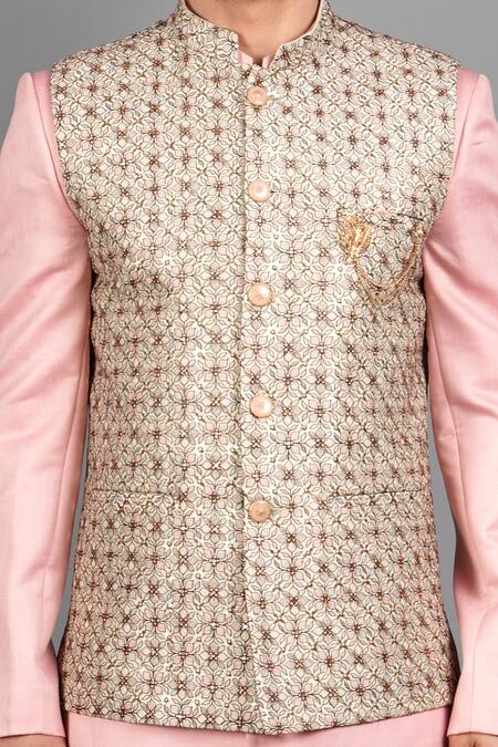 Soniya G_Pink Silk Embroidery Bundi And Kurta Set_at_Aza_Fashions