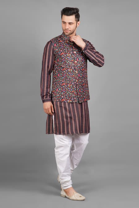 Shop_Soniya G_Wine Silk Embroidery Floral Pattern Bundi And Kurta Set_Online_at_Aza_Fashions