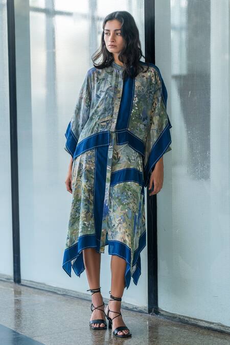 Buy Leh Studios Blue Viscose, Crepe Bandeau Neck Printed Kite Kimono Top Buy_Leh Studios_Blue Viscose, Crepe Bandeau Neck Printed Kite Kimono Top