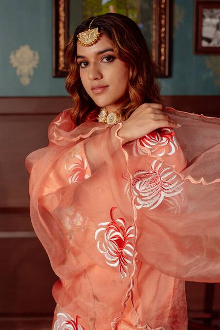 Shop_LAHARIO_Peach , Organza, Denim Embroidery Round Chrysanthemum Kurta Pant Set _Online_at_Aza_Fashions