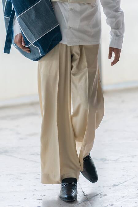 Leh Studios_Ivory Satin Plain Sculpture Pant _Online_at_Aza_Fashions