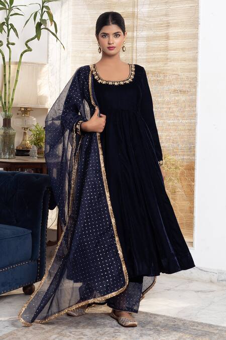 Rivaaj Clothing_Blue Hand Embroidered Gotta Patti Anarkali Set _Online_at_Aza_Fashions