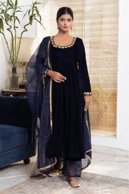 Buy_Rivaaj Clothing_Blue Hand Embroidered Gotta Patti Anarkali Set _Online_at_Aza_Fashions
