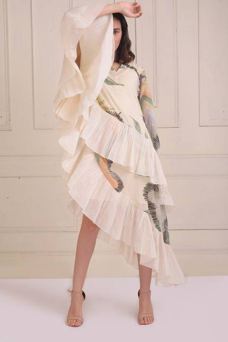 Shwetanga_Ivory Cotton Round Neck Organic Asymmetric Kaftan Dress _Online_at_Aza_Fashions