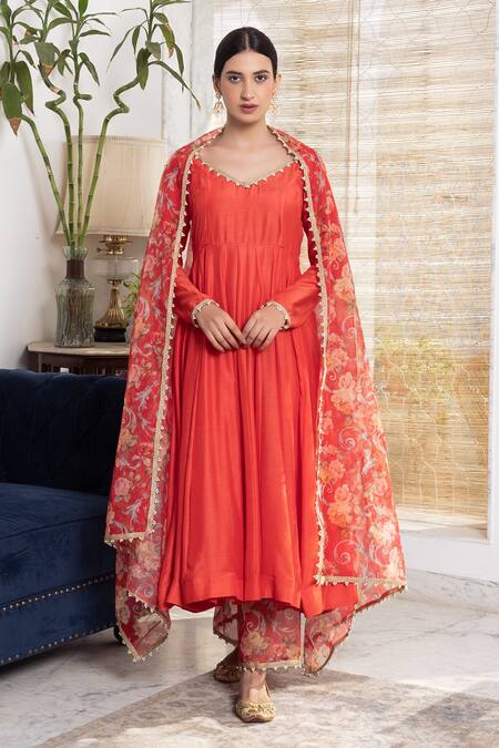 Rivaaj Clothing_Red Muslin Pearl Detailed Anarkali And Palazzo Set_Online_at_Aza_Fashions
