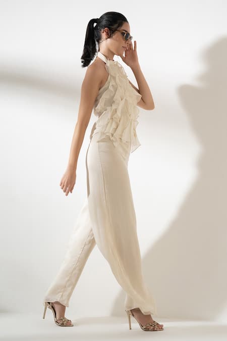 Amrta By Guneet Kondal_Off White Viscose Ruffles Halter Neck Top And Pant Set _Online_at_Aza_Fashions