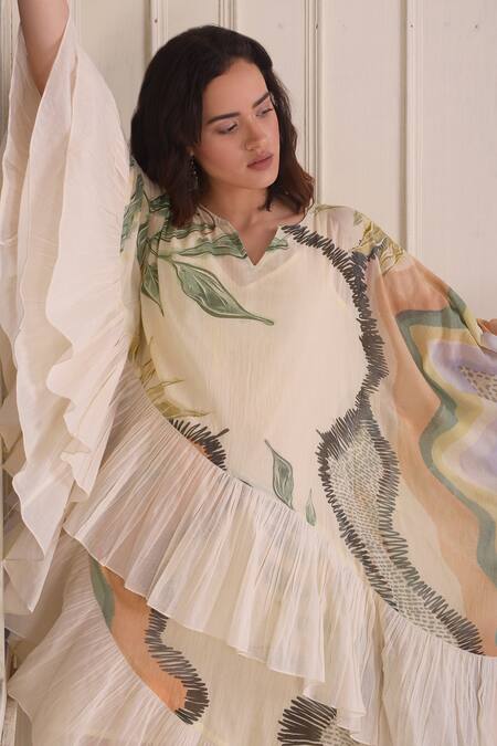 Buy_Shwetanga_Ivory Cotton Round Neck Organic Asymmetric Kaftan Dress _Online_at_Aza_Fashions