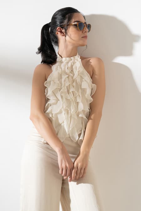 Buy_Amrta By Guneet Kondal_Off White Viscose Ruffles Halter Neck Top And Pant Set _Online_at_Aza_Fashions