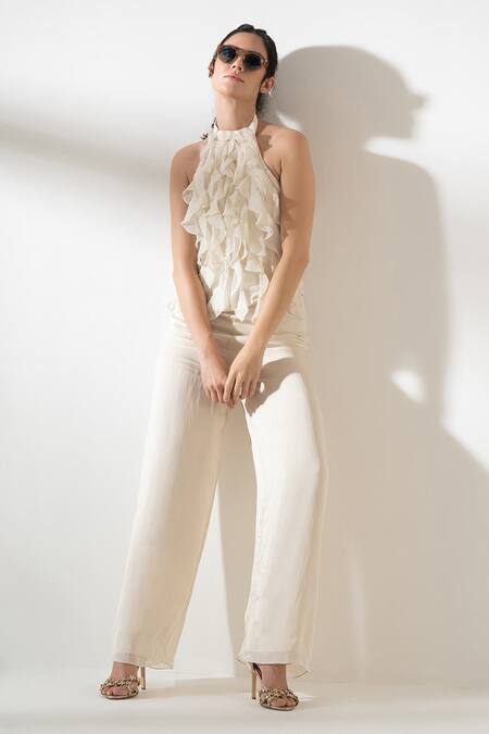 Shop_Amrta By Guneet Kondal_Off White Viscose Ruffles Halter Neck Top And Pant Set _Online_at_Aza_Fashions