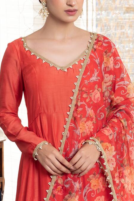 Shop_Rivaaj Clothing_Red Muslin Pearl Detailed Anarkali And Palazzo Set_Online_at_Aza_Fashions