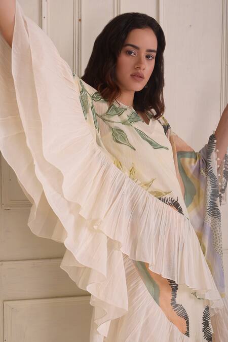 Shop_Shwetanga_Ivory Cotton Round Neck Organic Asymmetric Kaftan Dress _Online_at_Aza_Fashions