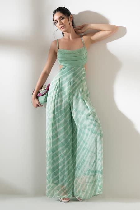 Amrta By Guneet Kondal_Green Viscose Square Neck Leheriya Tie Dye Jumpsuit _Online_at_Aza_Fashions