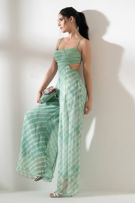 Buy_Amrta By Guneet Kondal_Green Viscose Square Neck Leheriya Tie Dye Jumpsuit _Online_at_Aza_Fashions
