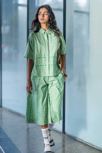 LEH STUDIOS_Green Cotton Embroidery Collared Placement Shirt_Online_at_Aza_Fashions