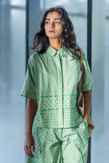 Buy_LEH STUDIOS_Green Cotton Embroidery Collared Placement Shirt_Online_at_Aza_Fashions