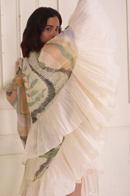 Shwetanga_Ivory Cotton Round Neck Organic Asymmetric Kaftan Dress _at_Aza_Fashions