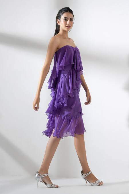 Shop_Amrta By Guneet Kondal_Purple Georgette, Viscose Ruffles Sweetheart Neck Tiered Short Dress _Online_at_Aza_Fashions