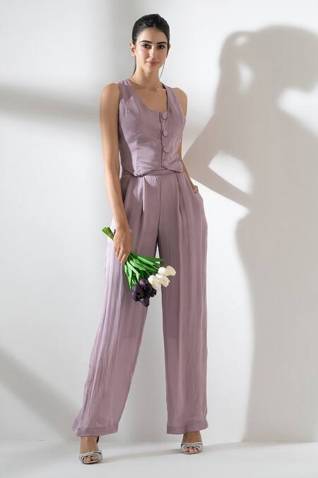 Amrta By Guneet Kondal_Purple Viscose Square Neck Waistcoat And Pleated Pant Set _Online_at_Aza_Fashions