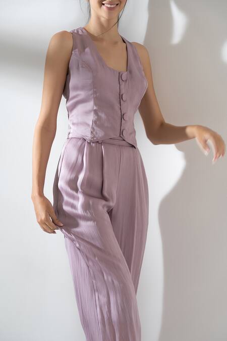 Buy_Amrta By Guneet Kondal_Purple Viscose Square Neck Waistcoat And Pleated Pant Set _Online_at_Aza_Fashions
