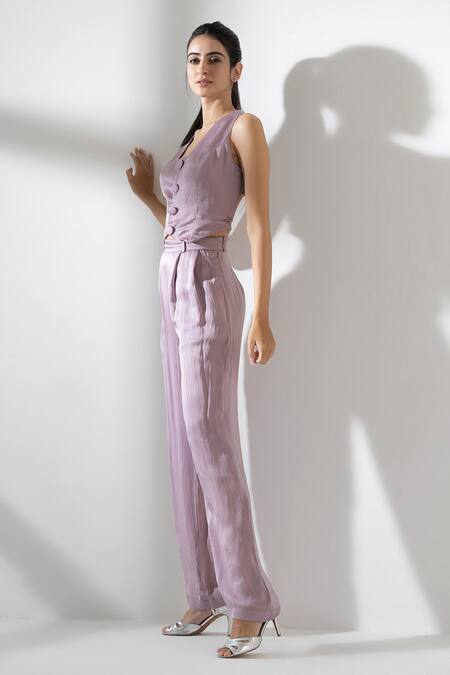 Shop_Amrta By Guneet Kondal_Purple Viscose Square Neck Waistcoat And Pleated Pant Set _Online_at_Aza_Fashions