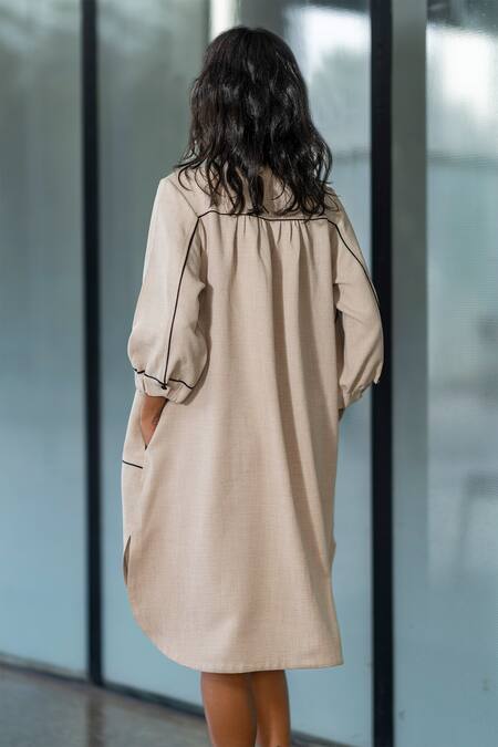 Leh Studios_Beige Rayon Collared Broken Fence Shirt Dress_Online_at_Aza_Fashions