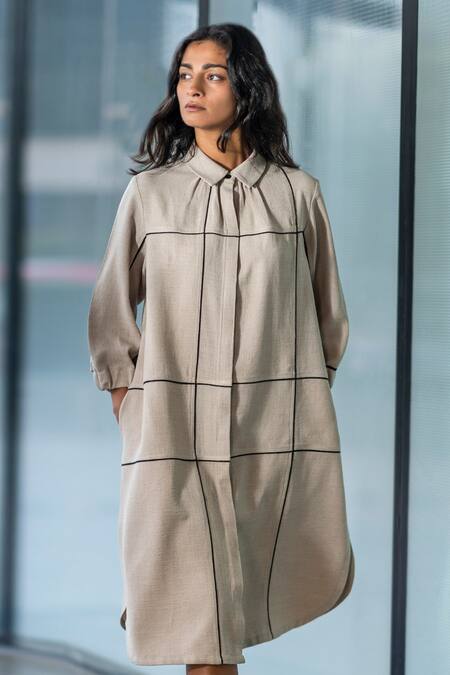 Buy_Leh Studios_Beige Rayon Collared Broken Fence Shirt Dress_Online_at_Aza_Fashions
