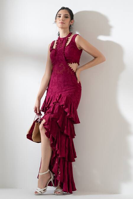 Amrta By Guneet Kondal_Wine Viscose Pom-poms Scoop Neck Woven Overlay Skirt With Top Set_Online_at_Aza_Fashions