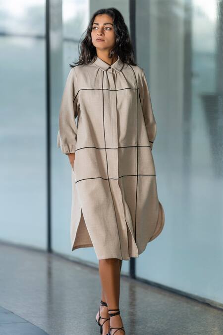 Shop_Leh Studios_Beige Rayon Collared Broken Fence Shirt Dress_Online_at_Aza_Fashions