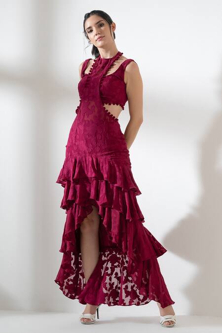 Buy_Amrta By Guneet Kondal_Wine Viscose Pom-poms Scoop Neck Woven Overlay Skirt With Top Set_Online_at_Aza_Fashions