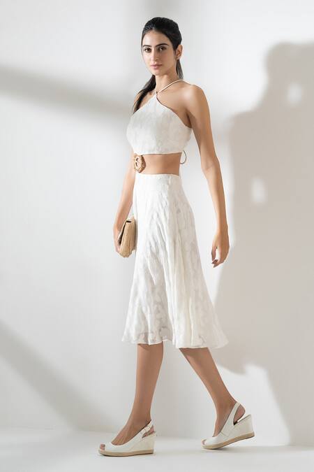 Amrta By Guneet Kondal_Ivory Viscose, Ramie Embroidery Halter Neck Cut Out Midi Dress _Online_at_Aza_Fashions