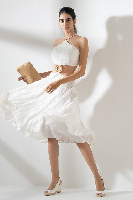 Buy_Amrta By Guneet Kondal_Ivory Viscose, Ramie Embroidery Halter Neck Cut Out Midi Dress _Online_at_Aza_Fashions